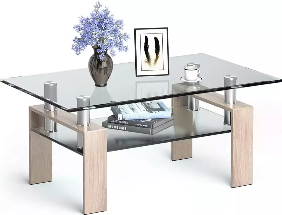 LUXGOODS Rechthoekige glazen salontafel moderne koffietafel met lage plank gelaagde opslagruimte getemperd glas tafelblad roestvrij stalen buis ijzeren been gemakkelijk schoon te maken salontafel voor kantoor of woonkamer (Natuurlijk)