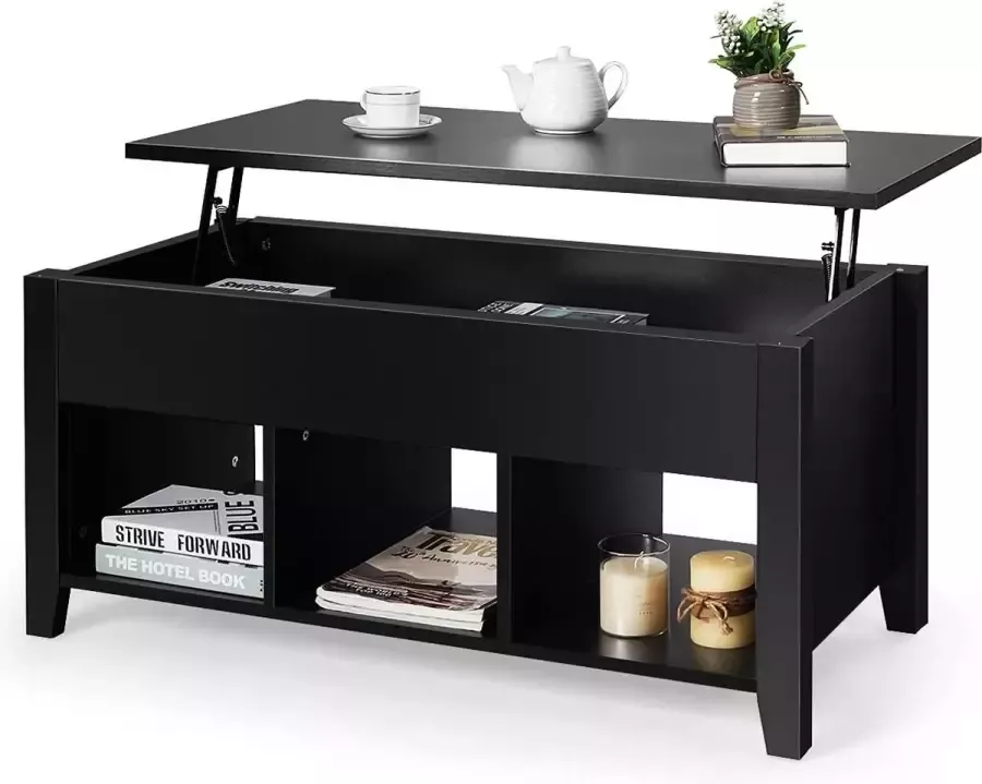 LUXGOODS Salontafel multifunctionele moderne koffietafel cocktailtafel met in hoogte verstelbare bovenzijde & verborgen opbergruimte & drie open planken aan de onderkant huis bureaumeubilair voor de woonkamer (Zwart)