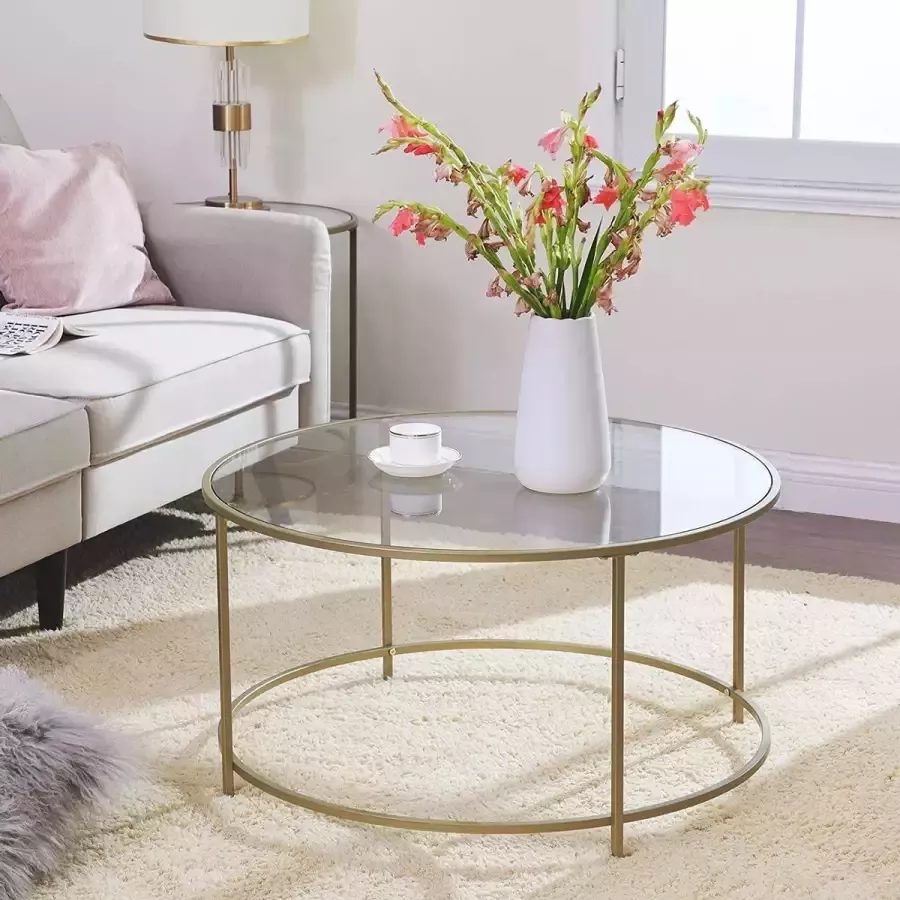 Luxgoods ™ Salontafel rond- glazen tafel met gouden stalen frame -84 x 84 x 45.5 woonkamertafel sofa- tafel robuust gehard glas stabiel decoratief goud
