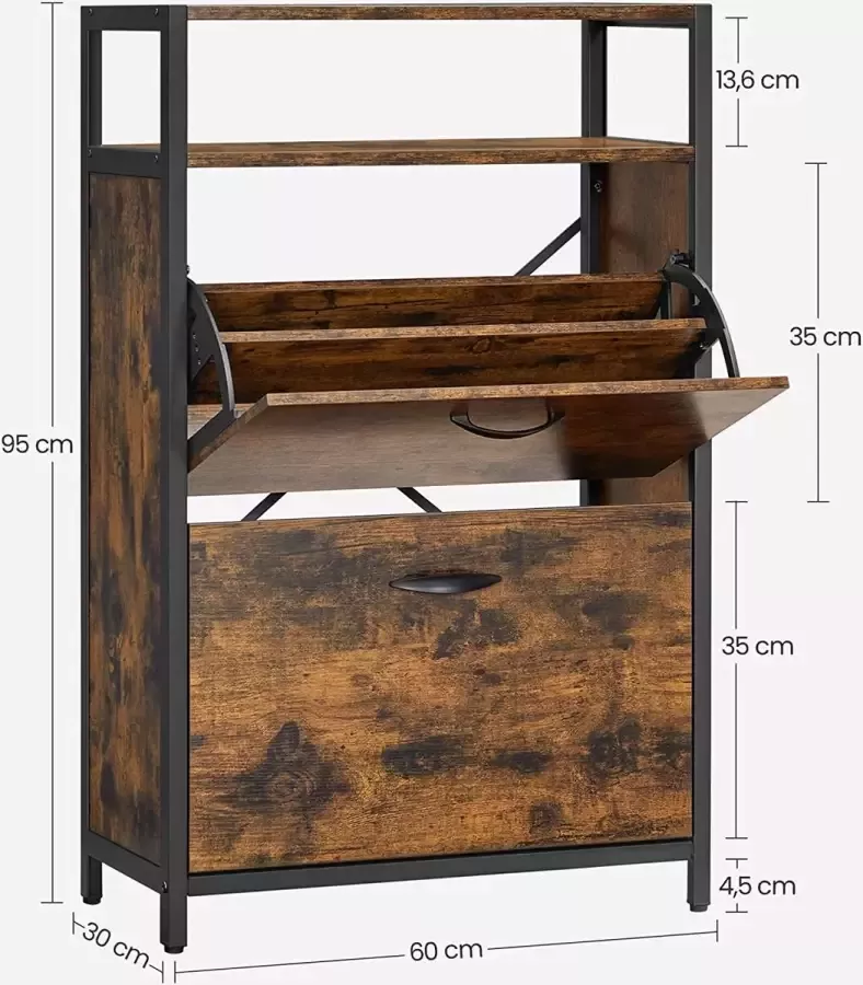 Luxgoods ™ Schoenenkast met 2 kleppen schoenenrek schoenenkast met 2 vakken schoenenplanken in de gang voor 8-12 paar schoenen ruimtebesparend 60 x 30 x 95 cm vintage bruin-zwart LBS800B01