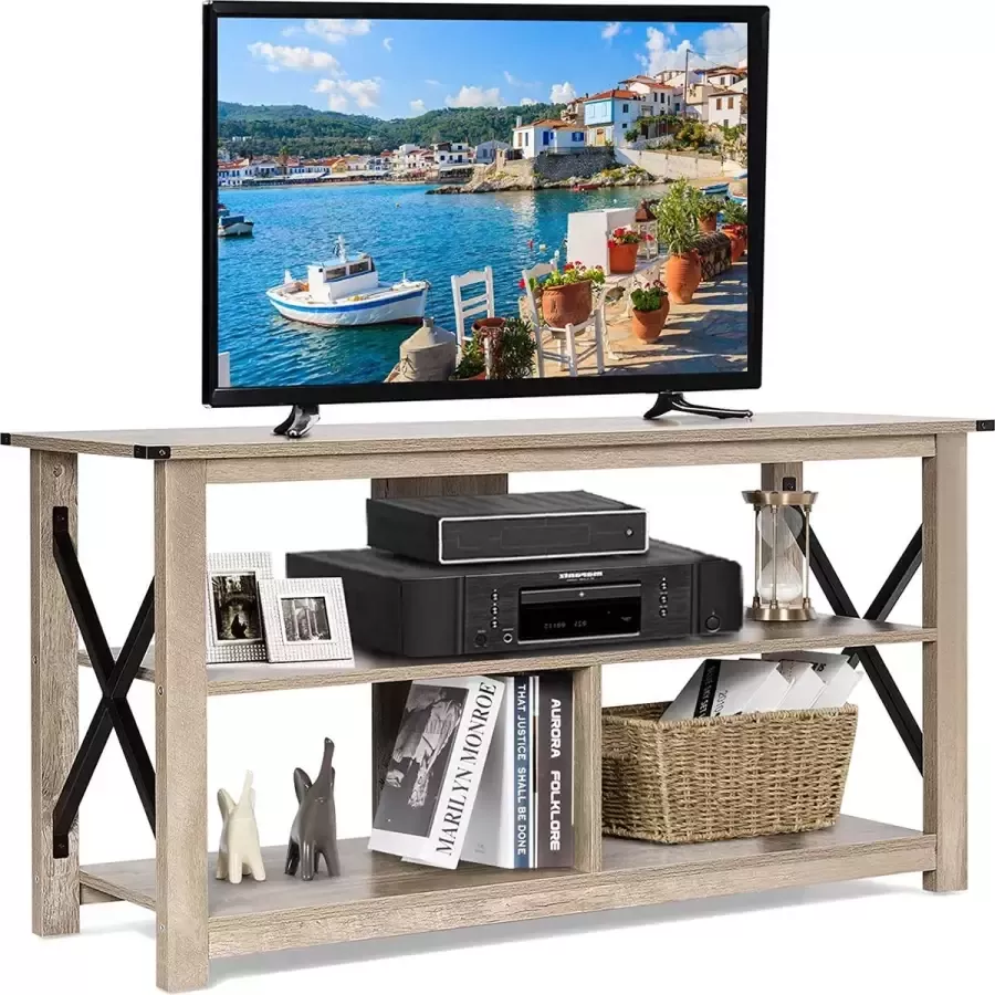 LUXGOODS c90 TV meubel met open planken TV tafel 120 cm 3 laags industriële stevig X-stijl frame handig kabelbeheer gaatje boerenhuis tv-kast tv-plank tv-standaard tv lowboard voor woonkamer slaapkamer 120 x 40 x 60 cm (Grijs)