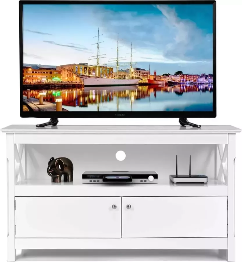 LUXGOODS TV Meubel -moderne vrijstaande tv kast houten opbergconsole media entertainment center multifunctionele home woonkamer tv-meubel tv-plank met draad gat (Wit)