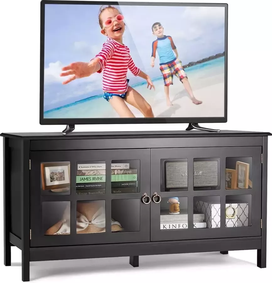 LUXGOODS tv meubel tv-tafel tv-kast tv-plank tv-standaard universele vlakscherm TV console media center met getemperd glas deuren kabel management gaten stabiele moderne tv-kast lowboard voor de woonkamer slaapkamer 114 x 48 5 x 61 cm (Zwart)