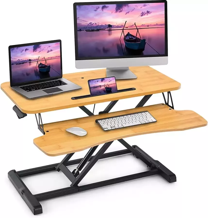 LUXGOODS Zit-sta werkstation zit-sta bureauconverter in hoogte verstelbare staande bureau verhoger met grote tafelblad 80 x 40cm geïntegreerde gasdrukveer ergonomisch bureau zit-sta-bureau voor computer laptop (Natuurlijk)