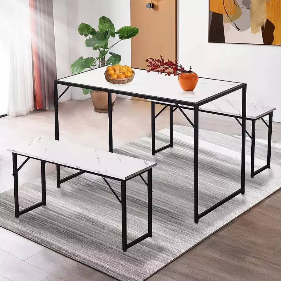 Luxiqo Eetkamer Set Eettafel Set Marmer Bartafel Set Bankjes en Tafel Eetkamer Modern Wit Marmer