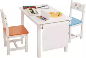 Luxiqo Kindertafel en Stoeltjes Set – Kindertafel – Kinderstoel – Speeltafel –Knutseltafel – Papierrolhouder – Tekentafel – Hout – Wit met Blauw en Geel
