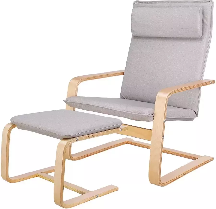 Luxiqo Loungestoel met Voetenbank – Relax Stoel – Schommelstoel – Voetensteun – Fauteuil – Slaapkamer Kantoor Balkon – Hout met Grijze Zittingen – 66 5 x 65 x 96 5 cm