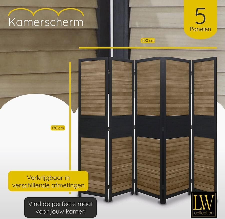 LW collection Kamerscherm Zwart bruin Hout kamerschermen 5 panelen scheidingswand 170x200cm kant en klaar
