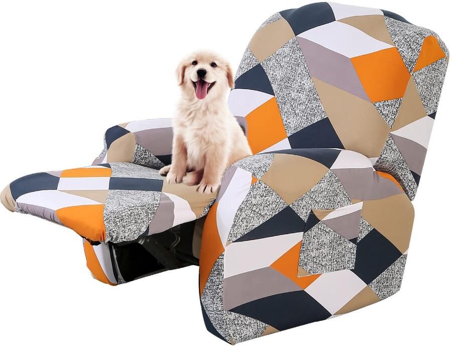 Lydevo stretchhoes voor relaxstoelen stretch stoelhoes relaxstoel fauteuilbeschermer voor relaxstoelen 4-delige set met zijvak antislip wasbare fauteuilhoes oranje geometrie