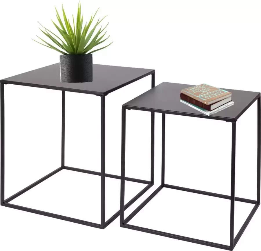 LYDO Bijzettafel zwart Binnen en buiten Salontafel industrieel Set van 2 Koffietafel Sidetable Zwarte vierkante tafel - Foto 3