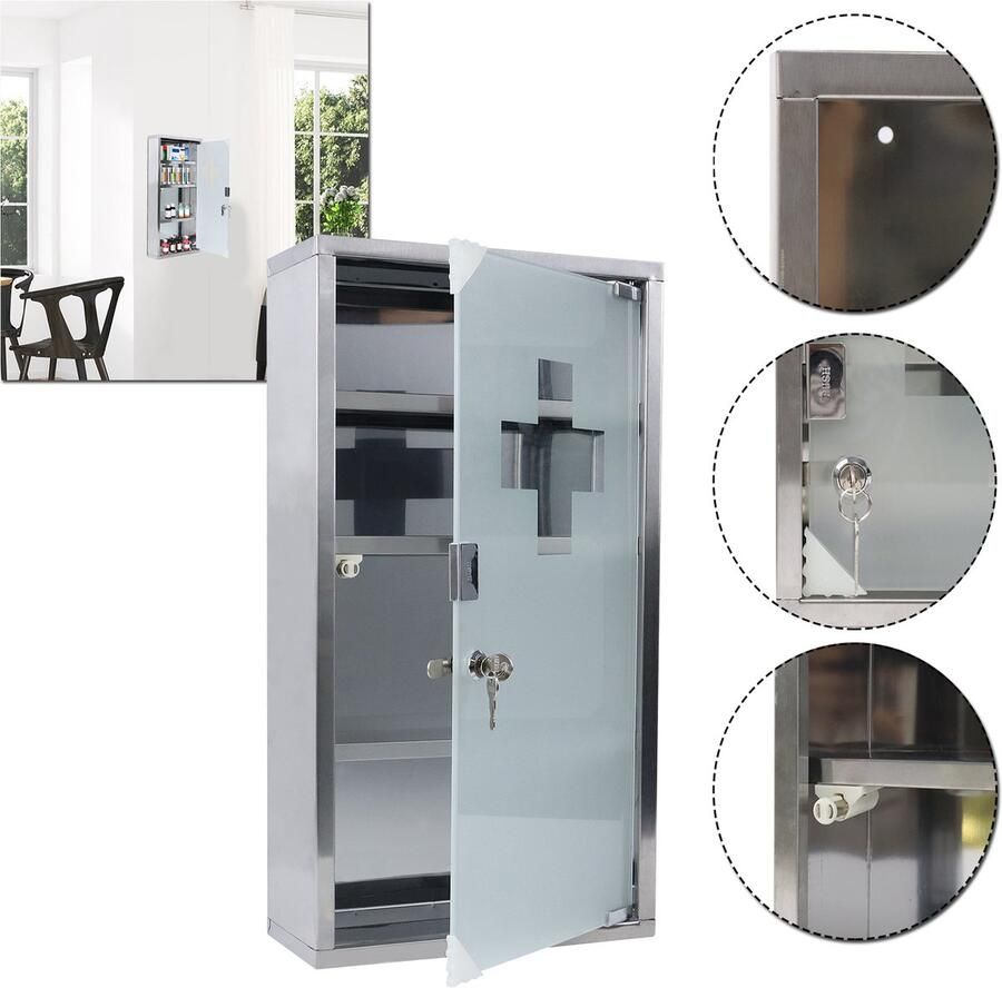 LZQ Medicijnkast Van Edelstaal Met 4 Compartimenten Glazen Deur En Sluitbaar Met Slot Eerstehulpkast Thuisapotheekkast 57 5 X 30 X 12 Cm