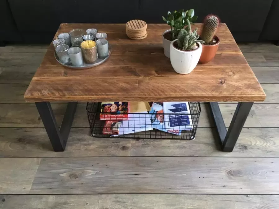 M2-meubels Industriële bruine steigerhouten salontafel U-onderstel