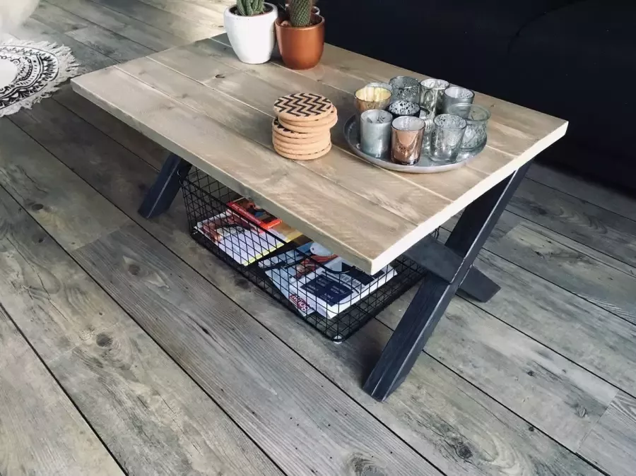 M2-meubels Salontafel 90 x 60 x 40 cm Industriële Steigerhouten Tafel X-onderstel