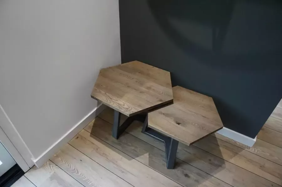 M2-meubels Set hexagon salontafels kleur blackwash met industrieel onderstel