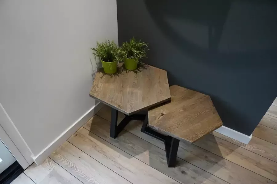 M2-meubels Set hexagon salontafels kleur blackwash met mat zwart onderstel