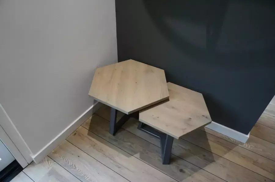 M2-meubels Set hexagon salontafels kleur grijs met industrieel onderstel