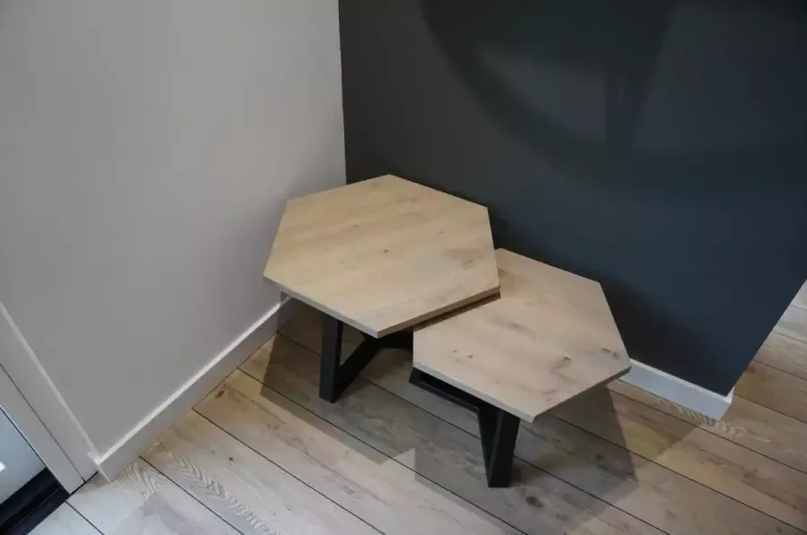 M2-meubels Set hexagon salontafels kleur grijs met mat zwart onderstel