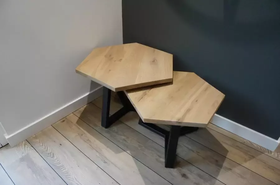 M2-meubels Set hexagon salontafels kleur licht gerookt met mat zwart onderstel