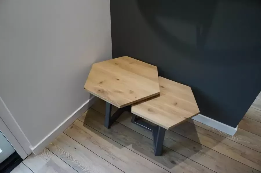 M2-meubels Set hexagon salontafels kleur natuurlijk eiken met industrieel onderstel