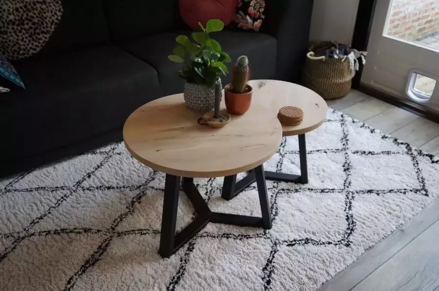 M2-meubels Set industriële eikenhouten salontafels met rond blad en mat zwart onderstel