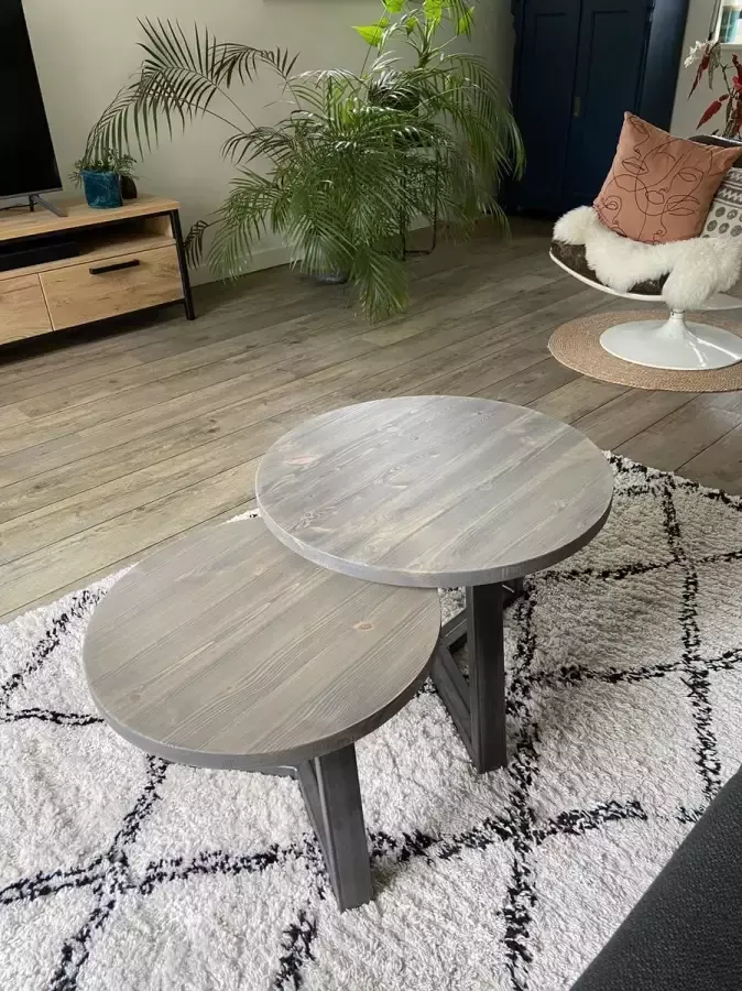 M2-meubels Set industriële ronde salontafels kleur antractiet met industrieel onderstel