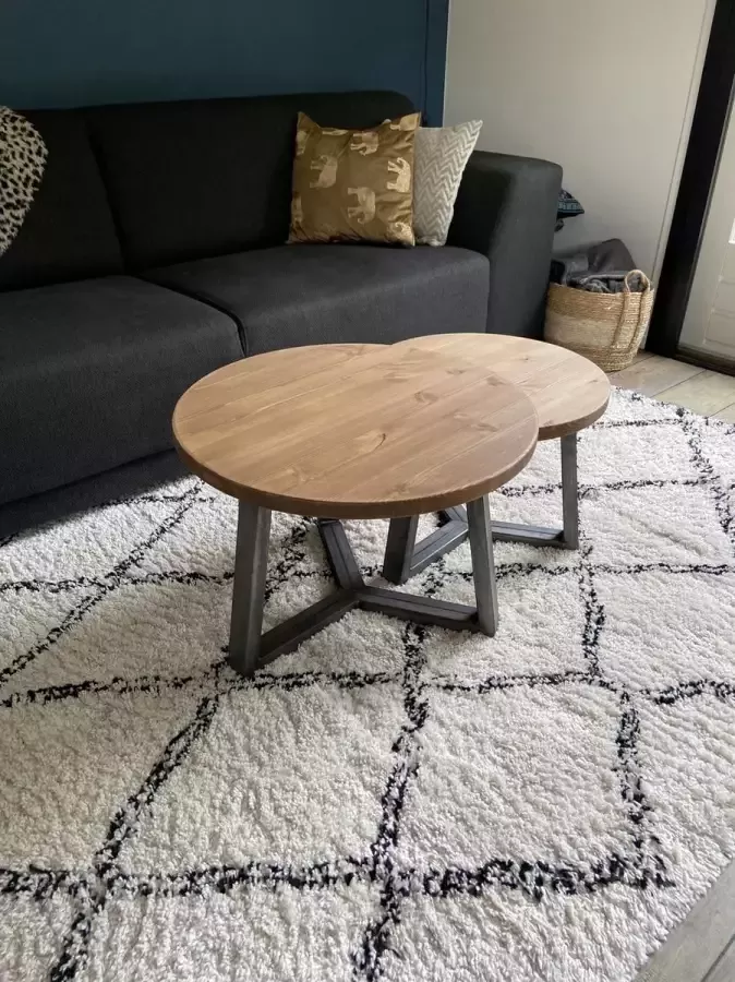 M2-meubels Set industriële ronde salontafels kleur bruin met industrieel onderstel - Foto 2