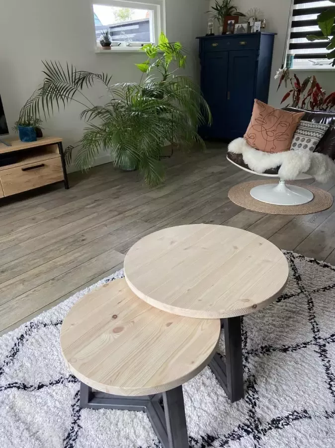 M2-meubels Set industriële ronde salontafels met industrieel onderstel