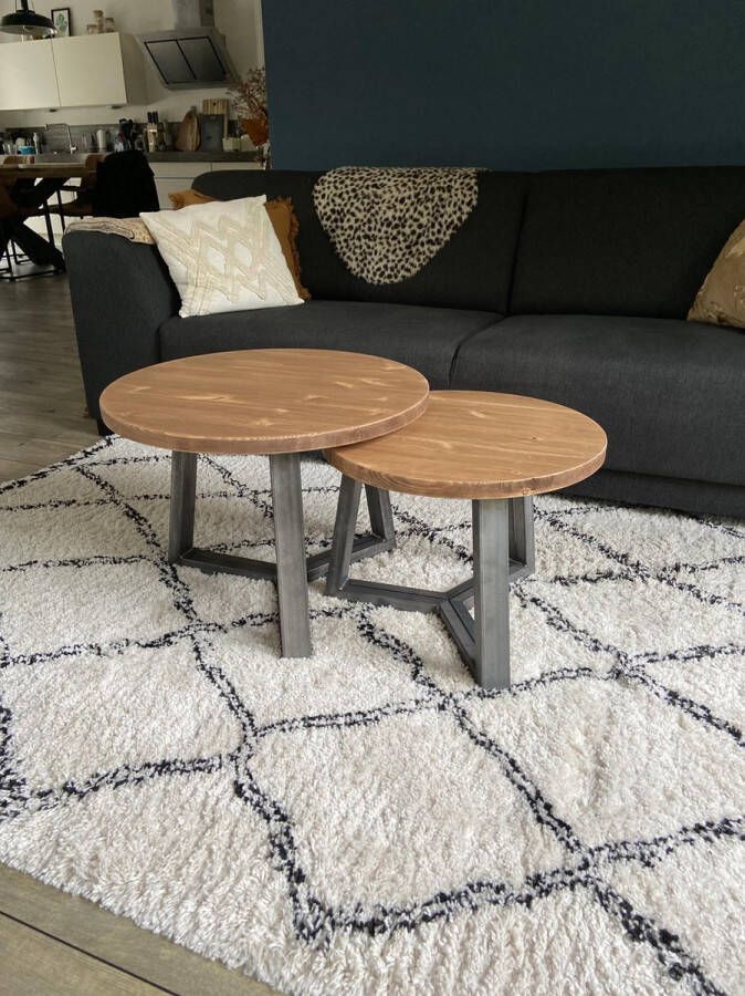 M2-meubels Set industriële ronde salontafels kleur bruin met industrieel onderstel