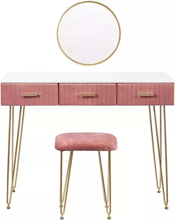 Maakai luxe Kaptafel met Spiegel en Krukje- Moderne Dressoir Wit Roze 3 Lades 100 x 40 x 77 cm Make Up Tafel