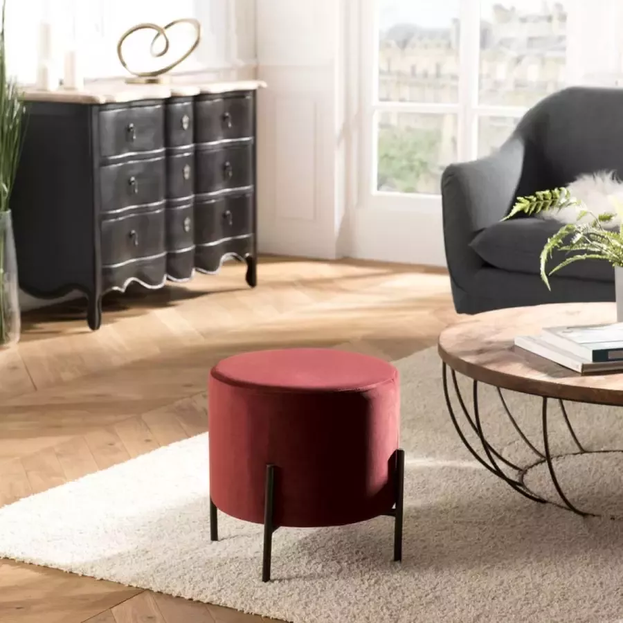 Macabane ALBANE Ronde Kruk Stof Velours Bordeaux 39x39x40cm