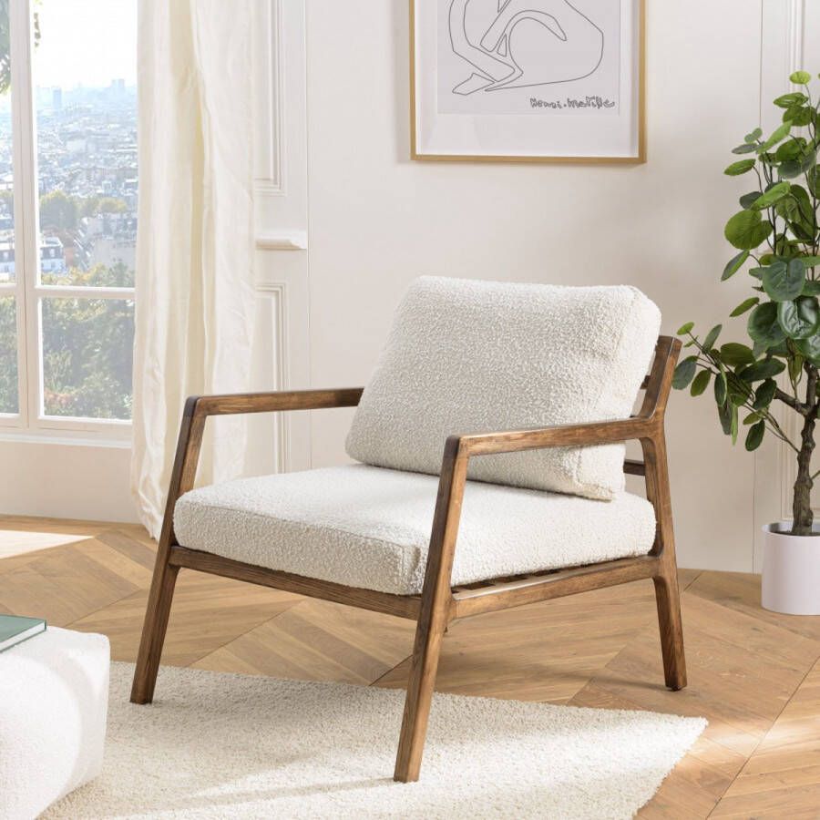 Macabane GASTON Ecru stoffen fauteuil houten frame en armleuningen