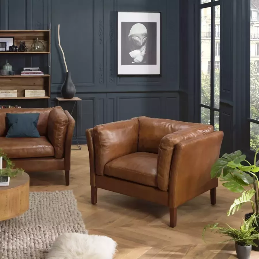 Macabane GASTON Vintage fauteuil in bruin leer 108x84x78cm