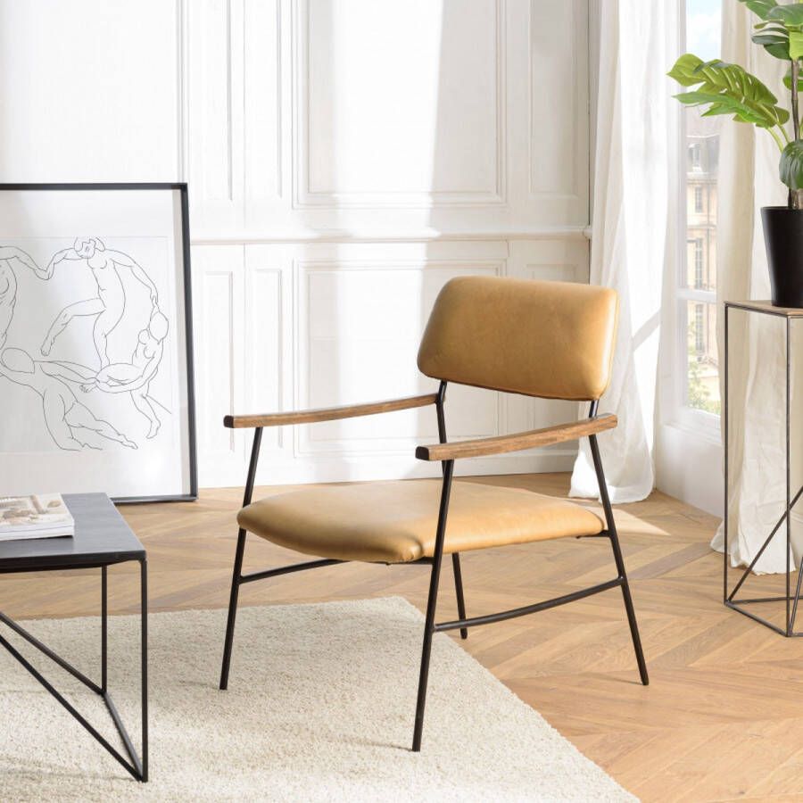Macabane GASTON Vintage leren fauteuil met zwart metalen frame en armleuningen