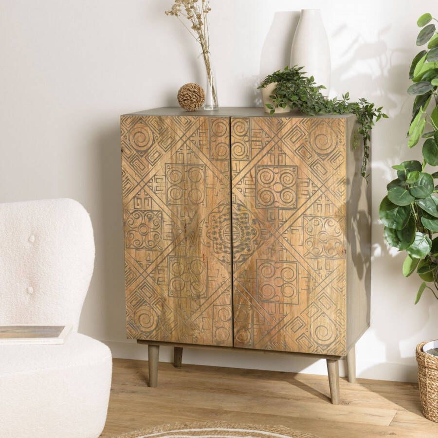 Macabane ISA 2-deurs mangohouten dressoir met etnische motieven in antiek-effect