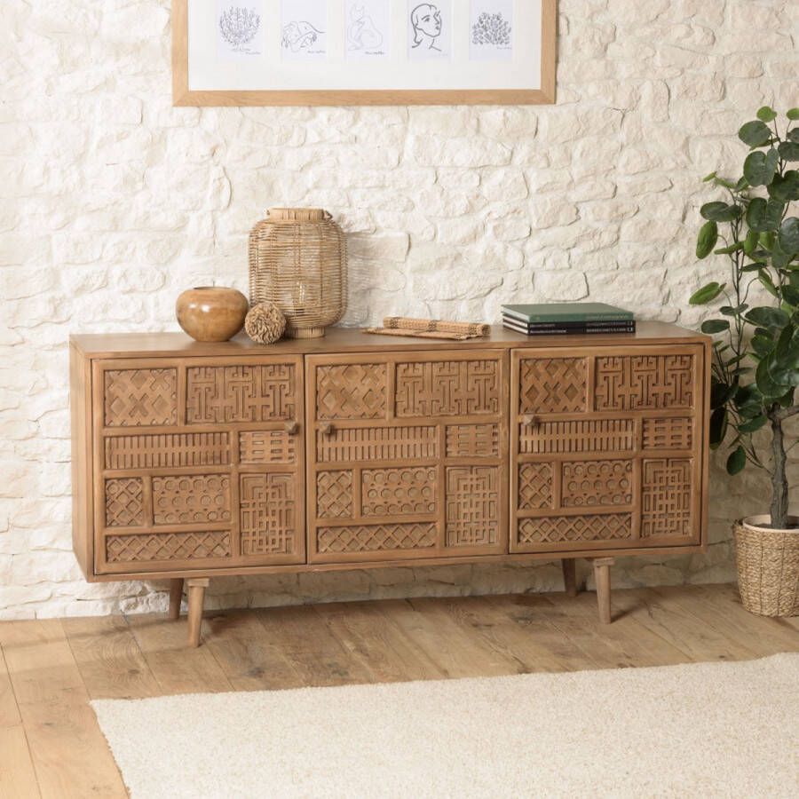 Macabane ISA Antiek mangohouten 3-deurs dressoir met gebeeldhouwde art deco motieven