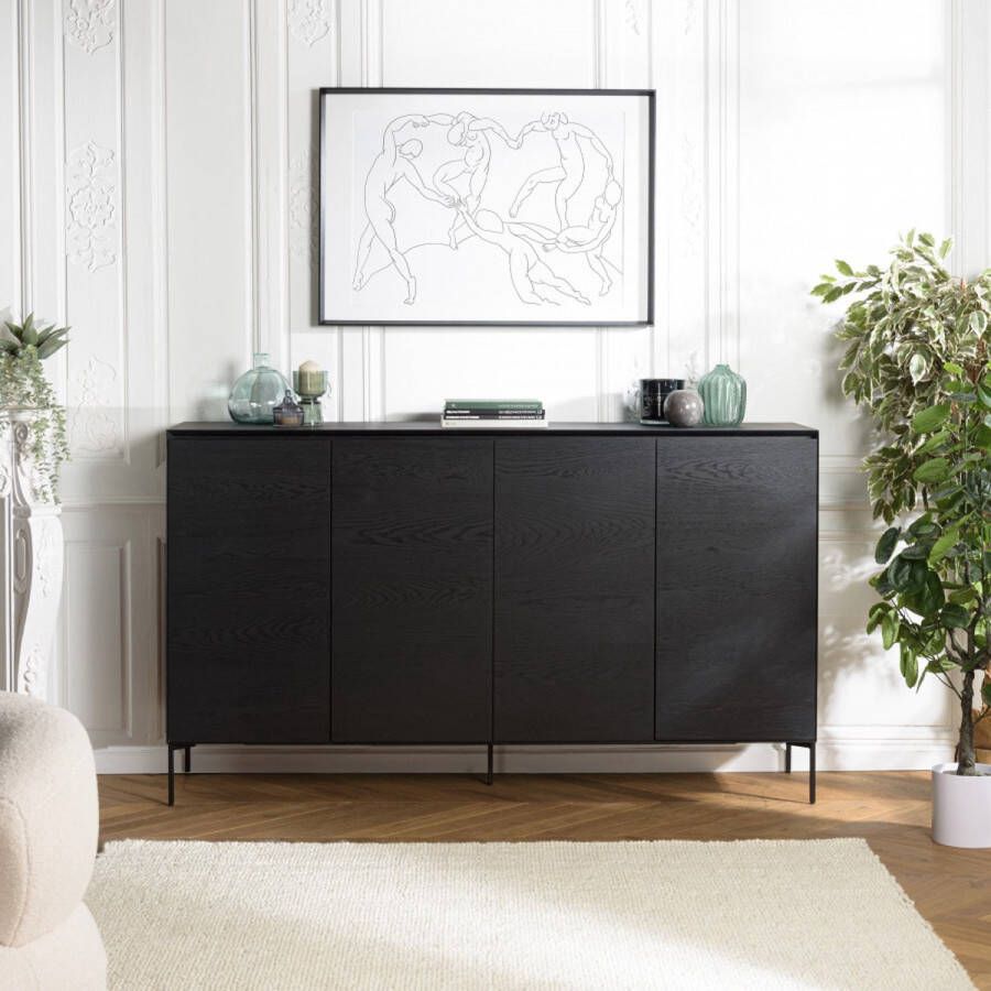 Macabane MAXENDRE Zwart dressoir 4 deuren 6 planken zwart metalen poten