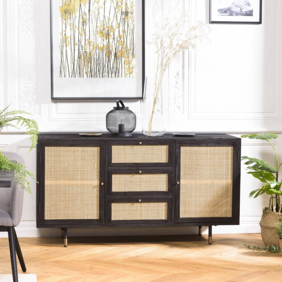Macabane YANIS Dressoir zwart 3 laden 2 deuren 150x45.2x80.5cm