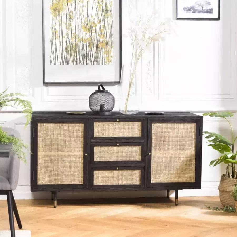 Macabane YANIS Dressoir zwart 3 laden 2 deuren 150x45.2x80.5cm