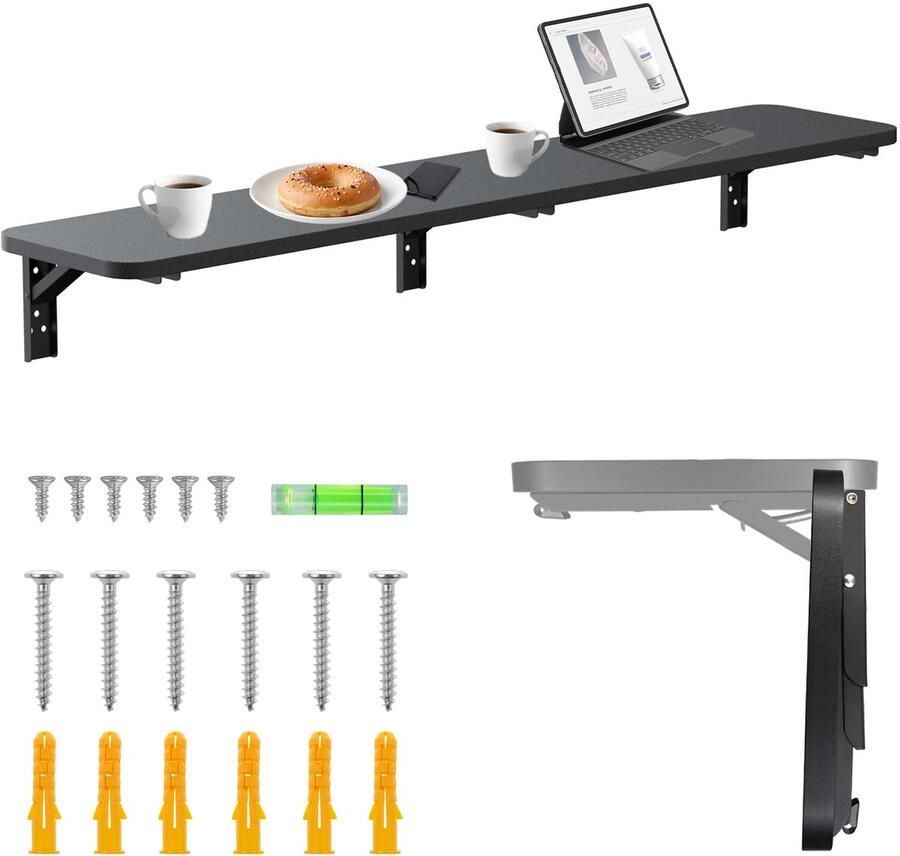 Maclean Inklapbare plank bureau opklapbaar 100x20 cm max. 50 kg MC-129 B Zwart