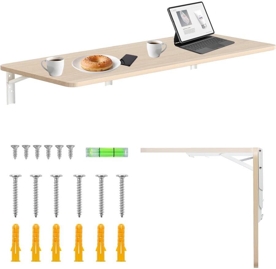 Maclean Inklapbare plank bureau opklapbaar 100x40 cm max 50 kg MC-128 WD licht houtkleur en wit