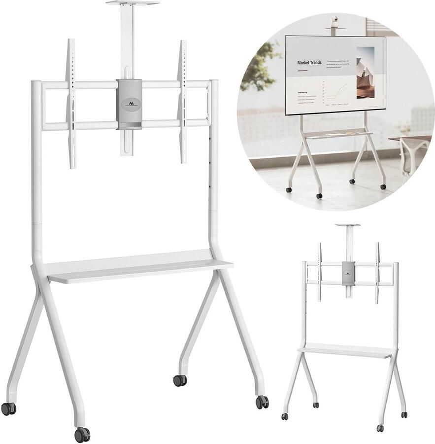 Maclean TV-standaard trolley camera plank op wielen 55-100 max. belasting 120kg 10kg plank max. VESA 900x600 wit MC-114 W
