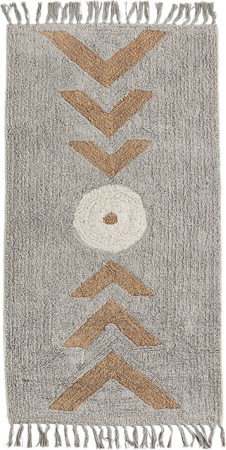 Madam Stoltz-collectie Grijs vloerkleed met franjes en ivoor-camel print