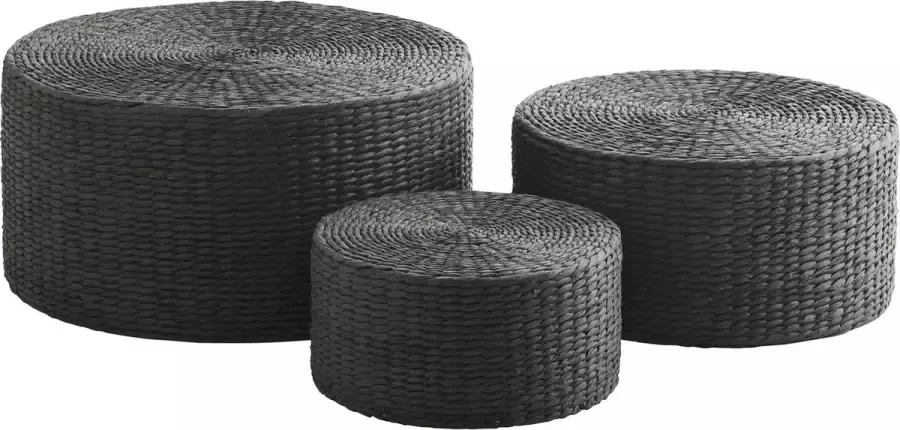 Madam Stoltz set van 3 poefen bijzettafels zwart gevlochten papier Ø36 Ø48 Ø60cm