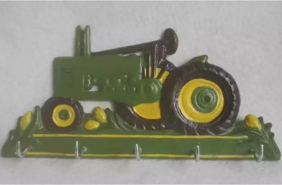 MadDeco tractor bord met 5 kledinghaken kapstok gietijzer groen met geel