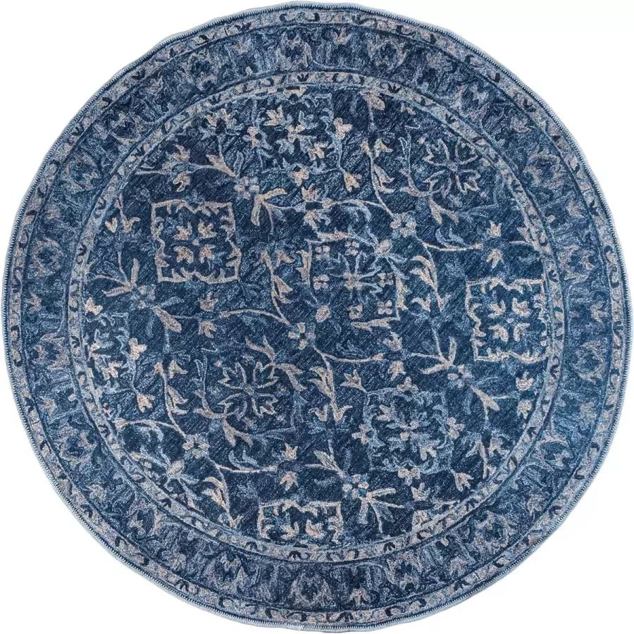 Madival Rond Vintage Vloerkleed Ira Perzisch Tapijt met Oosterse Fauna motieven in de kleur donker Groen 160 cm