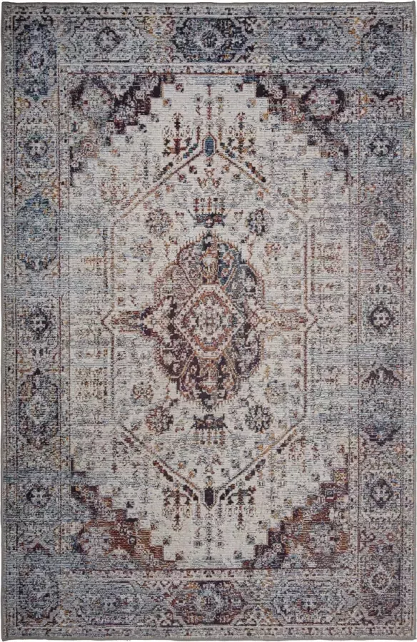 Madival Vintage Laagpolig Vloerkleed Madacara Perzisch Tapijt met Oosterse motieven in de kleur Crème Blauw met Terracotta accenten 200x290 cm