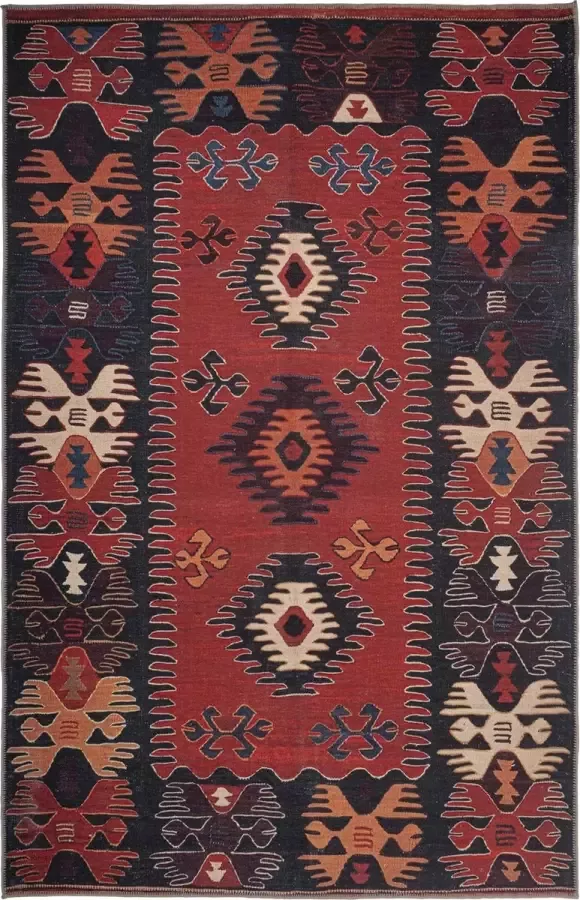Madival Vintage Laagpolig Vloerkleed Zentioqa Perzisch Tapijt met Oosterse motieven in de kleur Rood Antraciet met Crème Blauw Terracotta accenten 160x230 cm