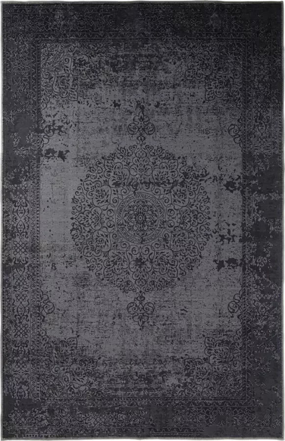 Madival Vintage Vloerkleed Laagpolig Niagara Perzisch Tapijt met Oosterse Medaillon in de kleur Antraciet met Zwarte & Grijze accenten 200x300 cm