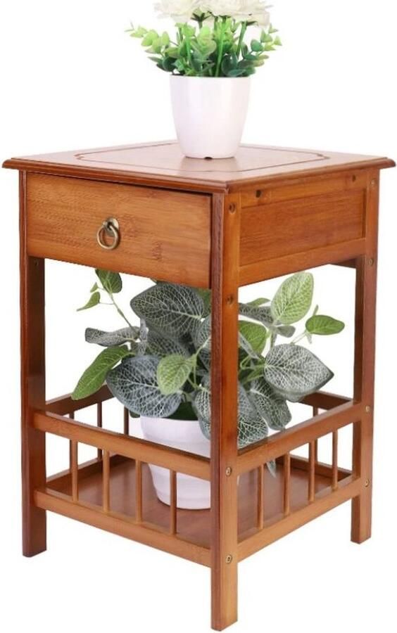 Maezani Nachtkastje Bamboe Nachtkastje met lade Vintage Bijzettafels Tafeltje vierkant 30 x 30 x 49 cm Scandinavisch hout