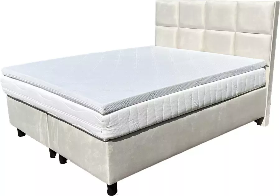 Magazijnenverkoop.nl Boxspring Lion Velvet 160x200 luxe velvet stof creme off white ecru complete set incl. topper